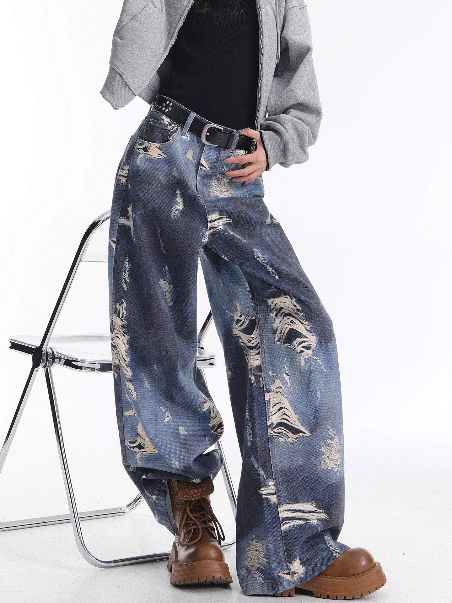 KEN STUDIO quần jean ống rộng nhuộm màu theo phong cách cổ điển Mỹ mới dành cho nữ, quần dài dáng rộng và tôn dáng