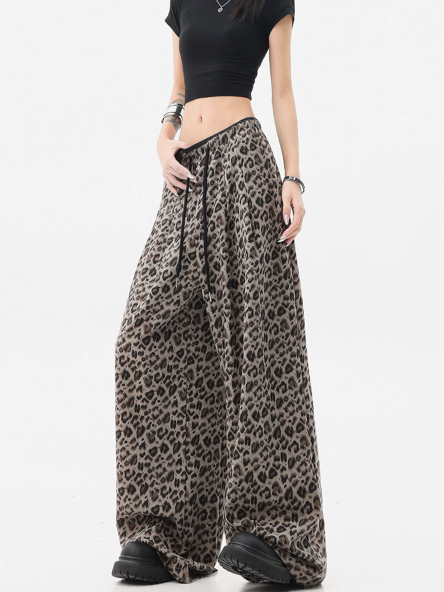 KEN STUDIO quần thường ngày in họa tiết da báo theo phong cách retro Mỹ dành cho nữ, quần cạp cao, dáng rộng, quần ống rộng giúp giảm béo.