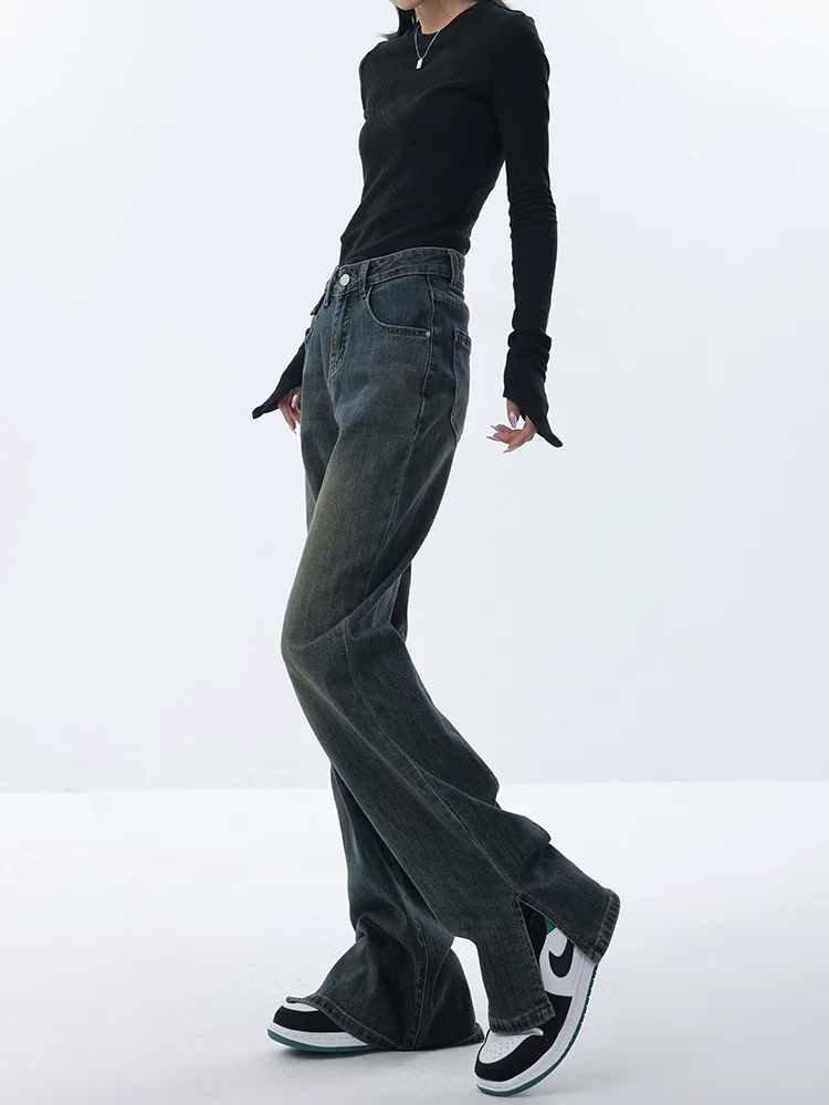 KEN STUDIO quần jean ống loe thu đông mới dành cho nữ với thiết kế xẻ tà, quần ống đứng thông thường, quần dài đến sàn