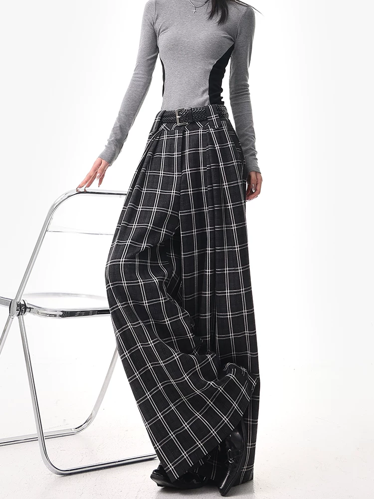 KEN STUDIO Quần kẻ sọc đen mùa hè và mùa thu mới dành cho nữ, quần ống rộng thẳng kiểu dáng lười biếng, quần vest.