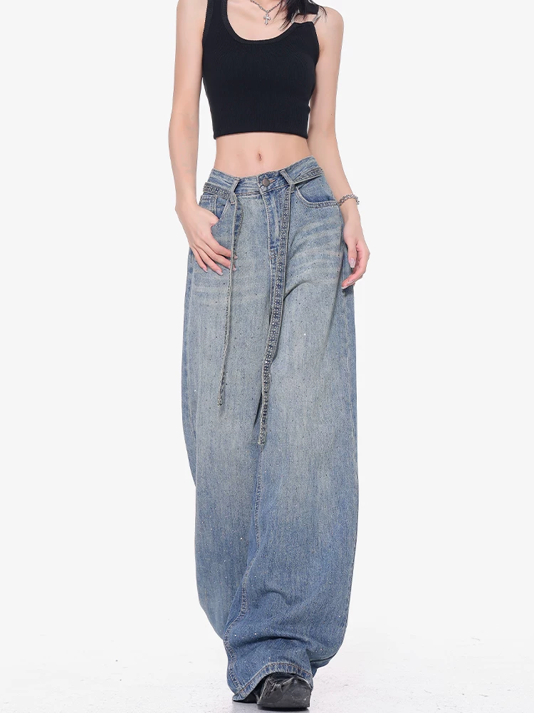 KEN STUDIO Xuân Thu Mới Xanh Dương Đầy Sao Đính Kim Cương Giả Quần Jean Nữ Cao Cấp Rách Rộng Quần Ống Rộng