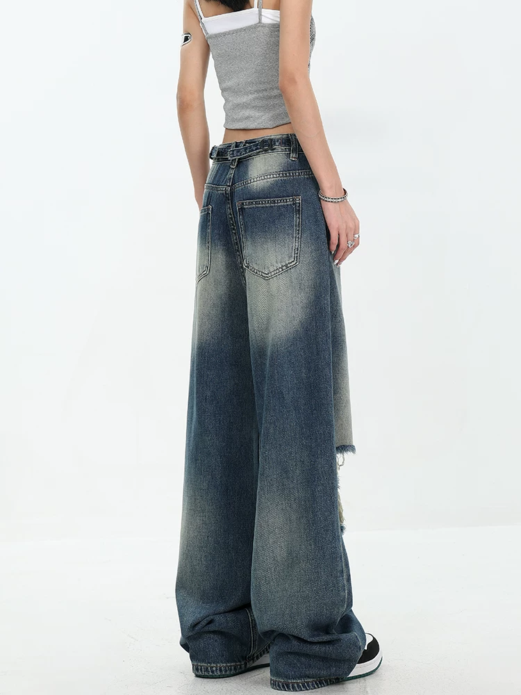 KEN STUDIO Quần jean rách ống rộng màu trắng phong cách Mỹ dành cho nữ, phong cách mùa hè mới, quần dài xếp nếp và đa năng