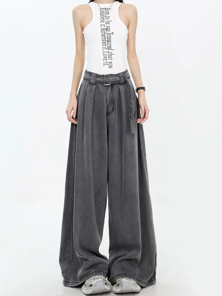 KEN STUDIO mùa hè mới kiểu Mỹ cổ điển màu đen siêu mềm mỏng quần denim ống rộng dáng rộng giảm béo