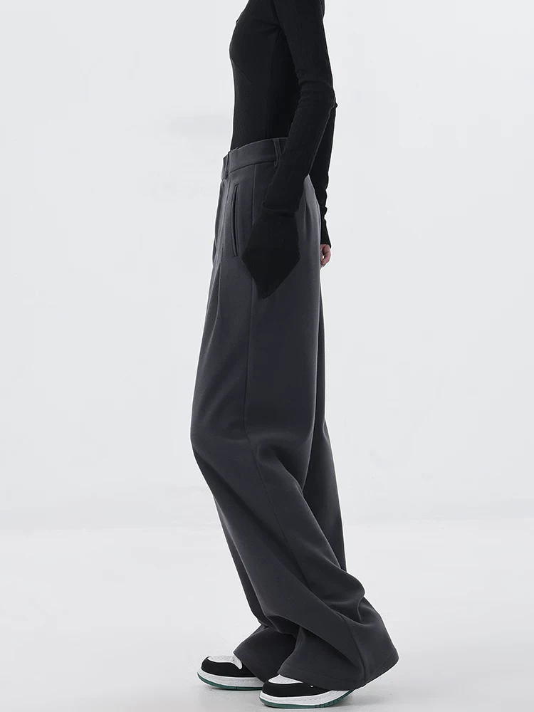 KEN STUDIO thiết kế độc đáo quần tây ống rộng bằng len mùa thu đông dành cho nữ, quần dài màu xám tôn dáng, quần dài thông thường