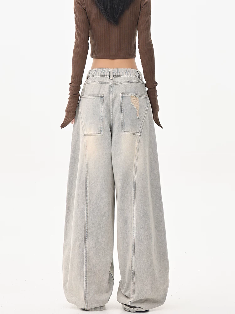 KEN STUDIO Quần jean rách kiểu cổ điển của Mỹ dành cho nữ, quần ống rộng lưng cao kiểu mùa hè mới.