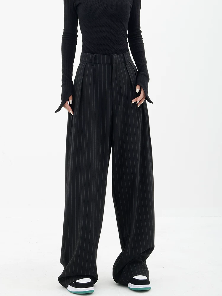 Quần vest sọc KEN STUDIO dành cho nữ, quần vest dáng thẳng lưng cao mùa xuân thu có thiết kế thời trang, quần ống rộng