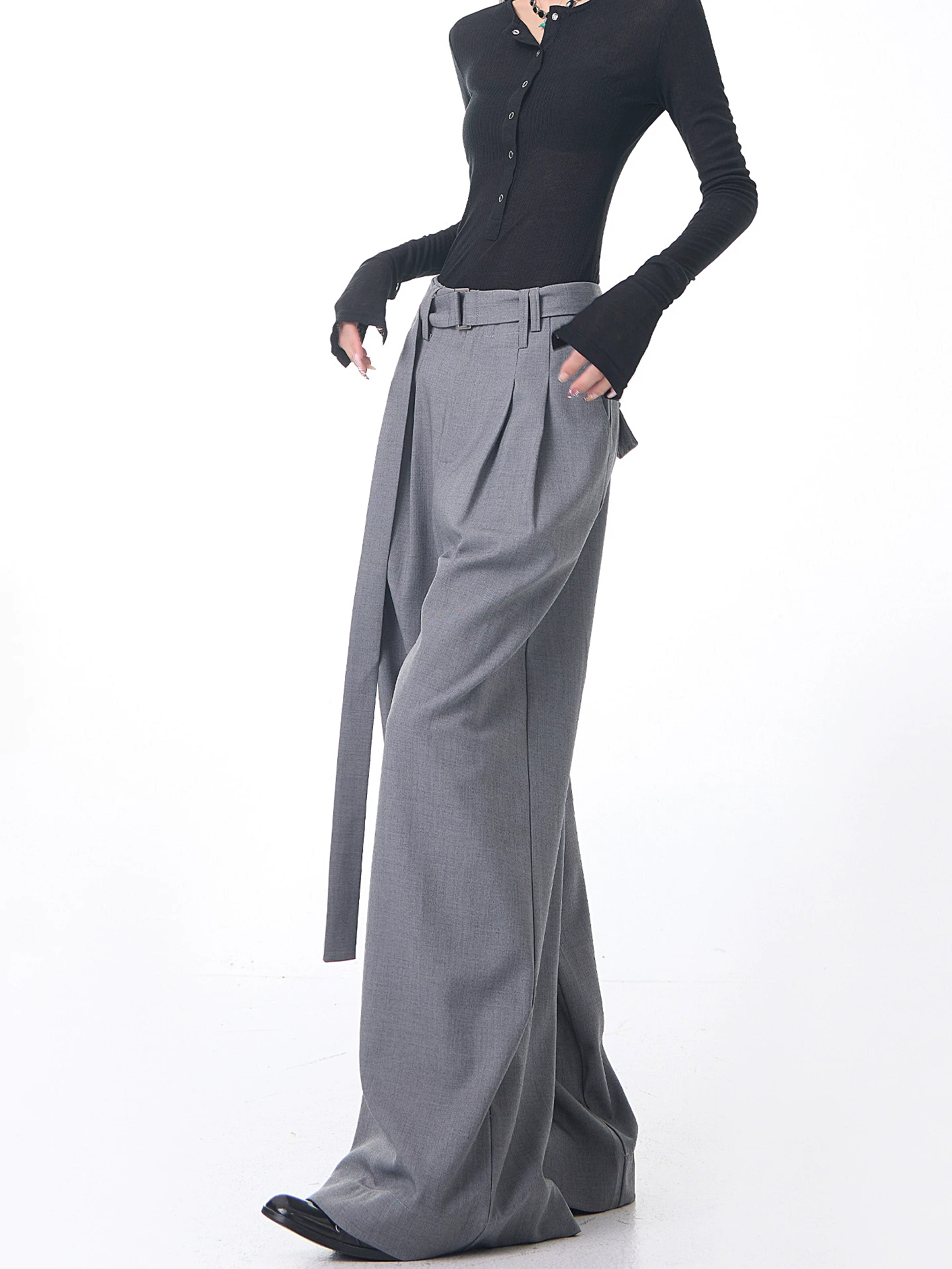 KEN STUDIO Xuân Thu Mới Màu Xám Xếp Ly Quần Tây Nữ Cao Cấp Dáng Rộng Giảm Béo Quần Dài Đến Tầng