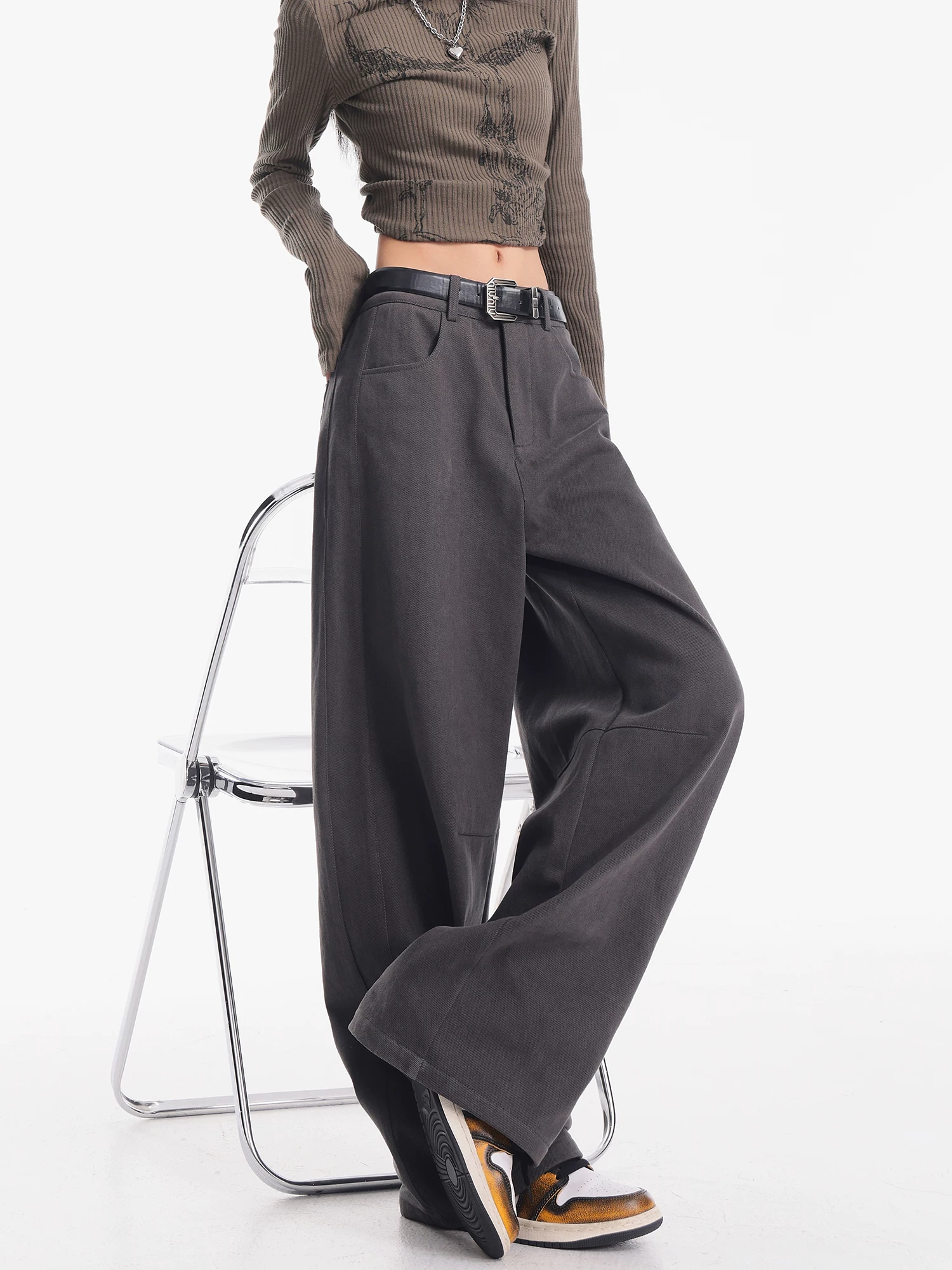 KEN STUDIO Quần ống rộng dày dặn lót lông cừu màu xám thu đông mới dành cho nữ, quần dài đa năng cạp cao