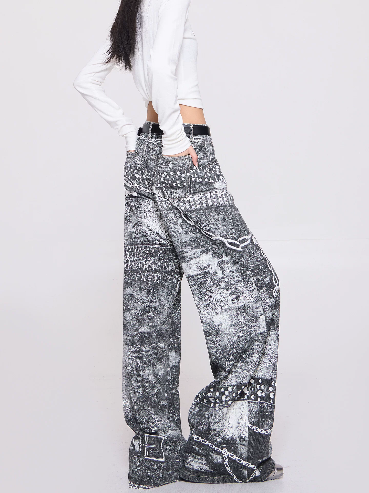 Quần jean ống rộng in kỹ thuật số đường phố cao cấp của KEN STUDIO dành cho nữ, quần dài dáng rộng lưng cao mới mùa xuân thu giúp giảm béo