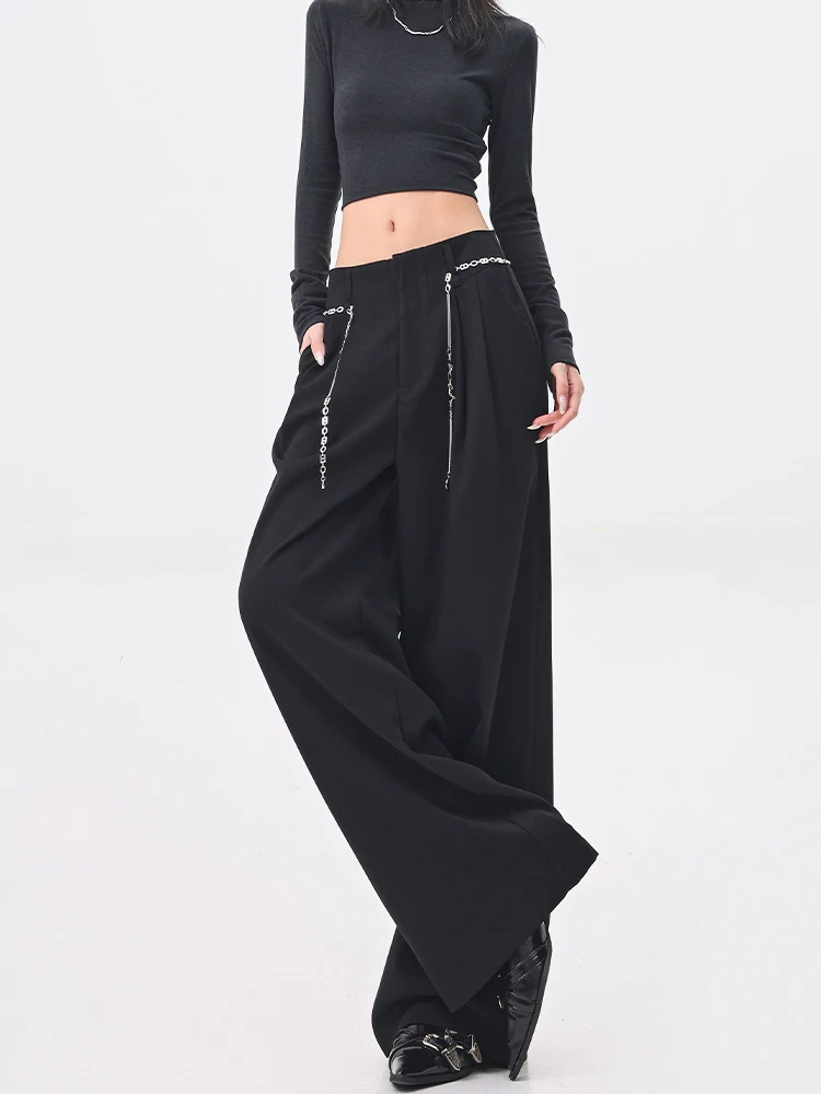 KEN STUDIO quần âu ống rộng màu đen giảm béo mùa hè và mùa thu mới dành cho nữ, quần âu xếp nếp cao cấp, quần thường ngày