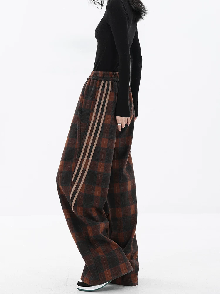 KEN STUDIO quần kẻ sọc giản dị theo phong cách retro mới mùa thu đông dành cho nữ với thiết kế màu sắc tương phản quần ống rộng thẳng