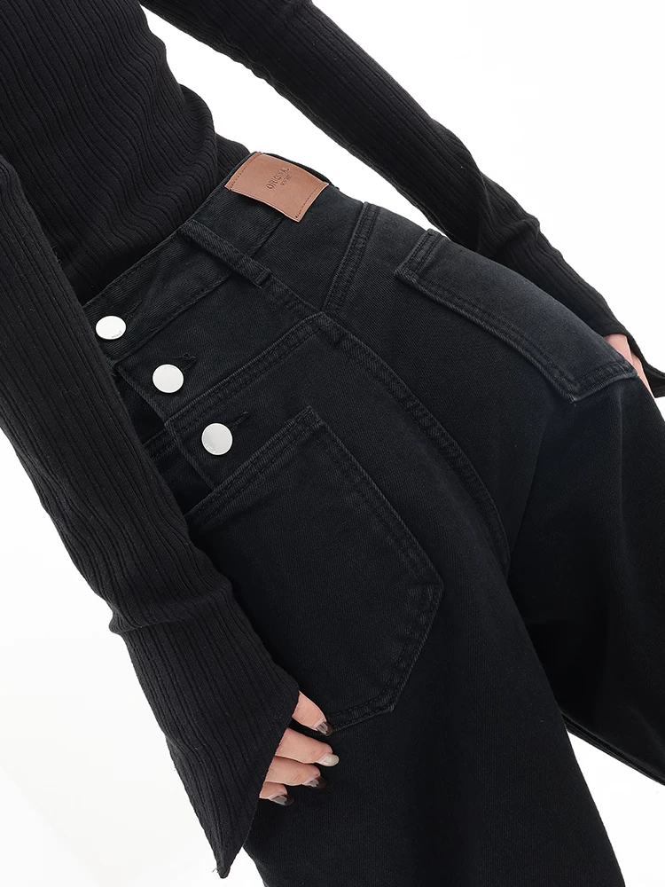 Quần jean đen ống đứng lót lông cừu thu đông KEN STUDIO2025 dành cho nữ, quần cạp cao thời trang, quần xu hướng