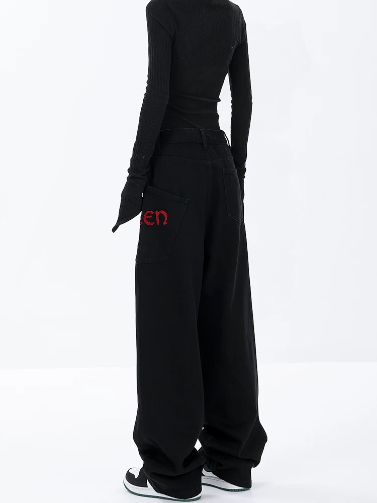 KEN STUDIO Xuân Thu Mới Màu Đen Rộng Quần Jean Ống Rộng Nữ Mỹ Retro Quần Ống Thẳng Quần Dài Quần