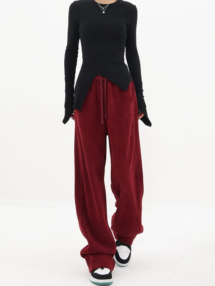 Quần dài ống rộng bằng vải nhung KEN STUDIO dành cho nữ, quần thể thao dáng rộng có dây rút dáng rộng mùa thu đông.