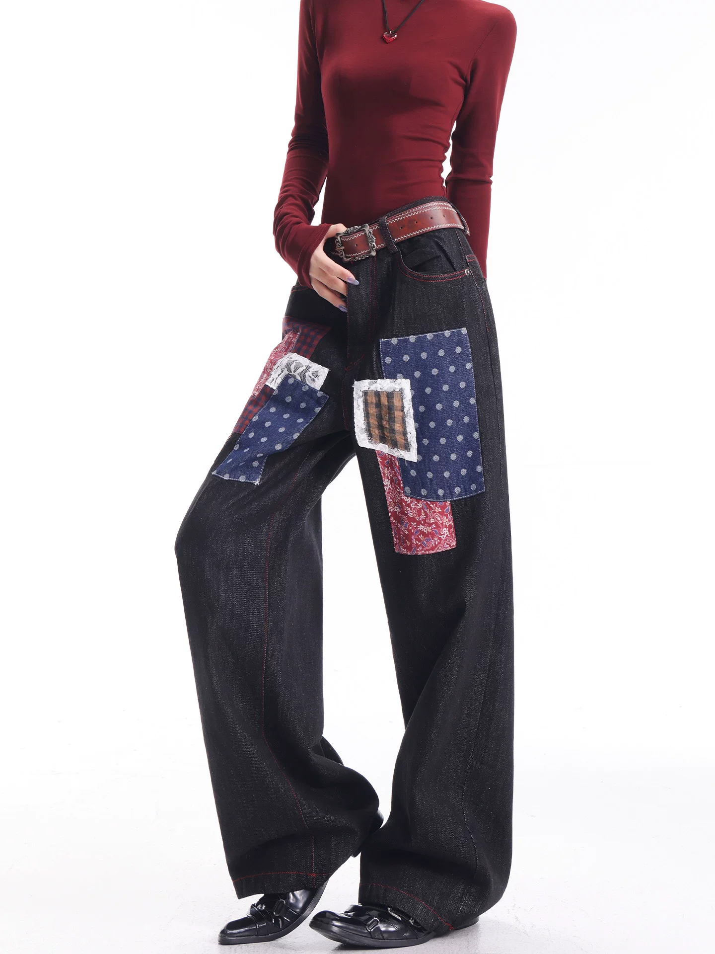 KEN STUDIO quần jean chắp vá phong cách retro mới của Mỹ dành cho nữ, quần ống rộng dáng rộng, giảm béo