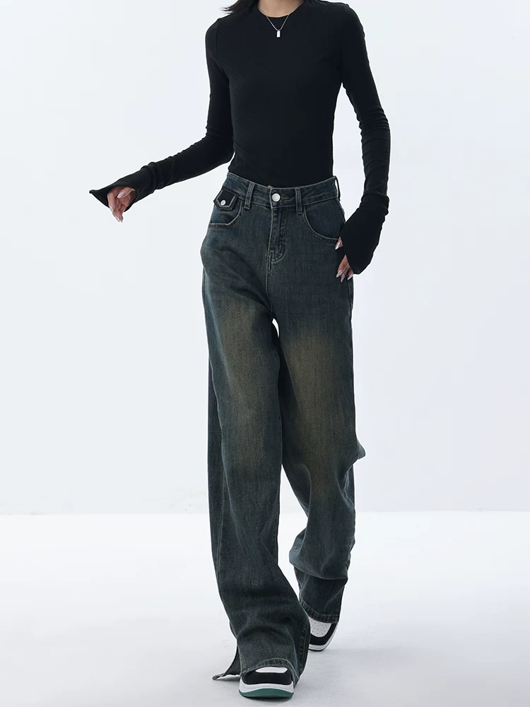 KEN STUDIO quần jean ống loe thu đông mới dành cho nữ với thiết kế xẻ tà, quần ống đứng thông thường, quần dài đến sàn