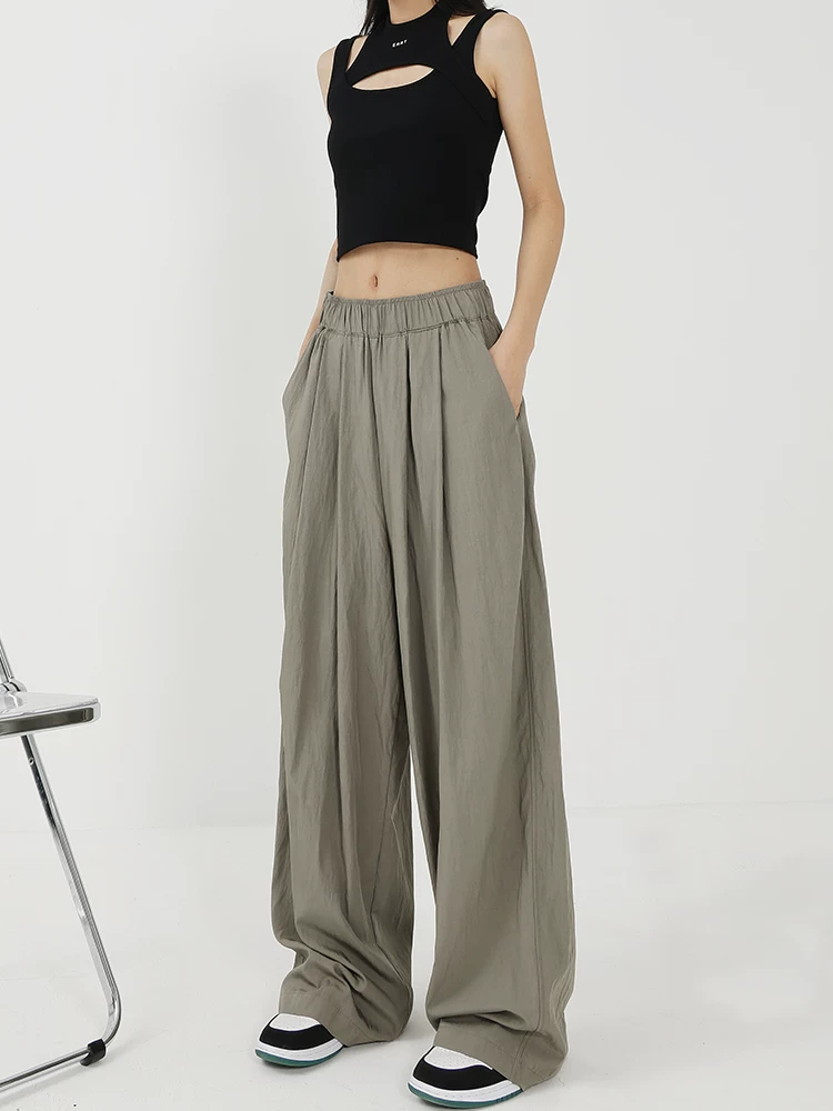 KEN STUDIO quần ống rộng màu xám mới mùa hè dành cho nữ, quần Yamamoto dài xếp ly, dáng rộng, đa năng, dài đến sàn