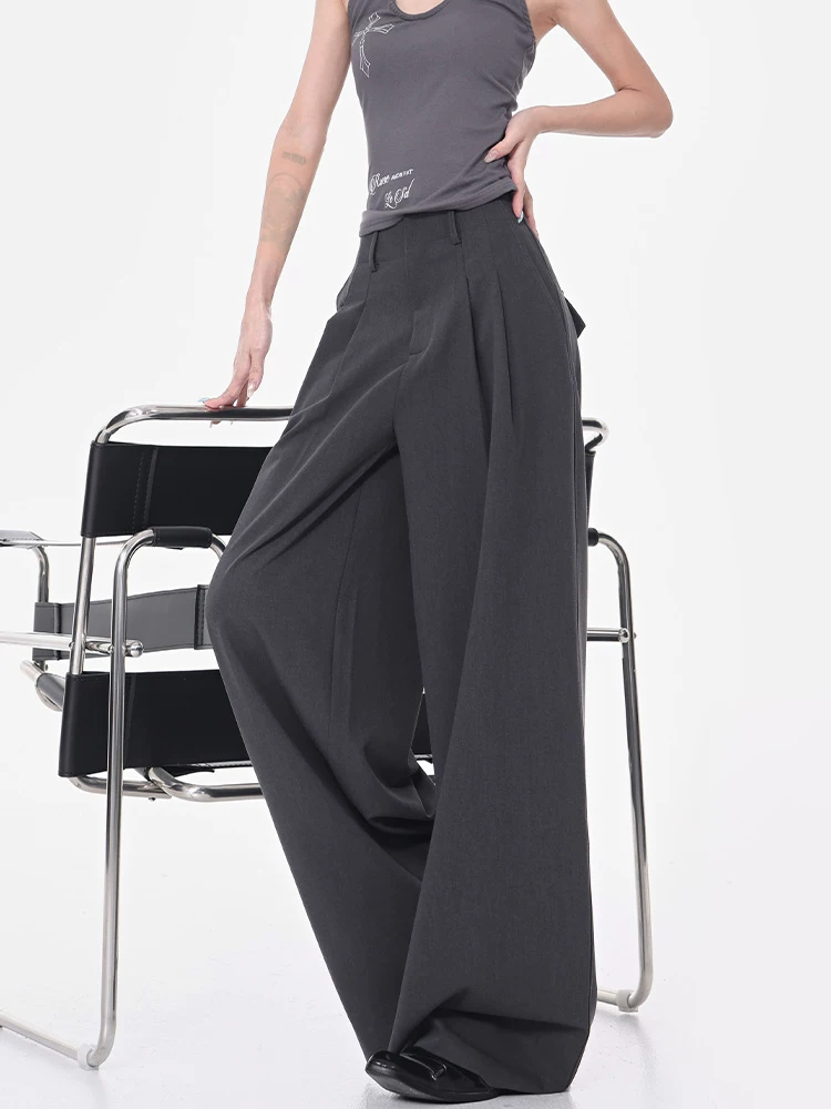 KEN STUDIO mùa hè phong cách mới quần tây xếp ly mỏng màu xám dành cho nữ quần tây xếp ly lưng cao dáng rộng quần ống rộng