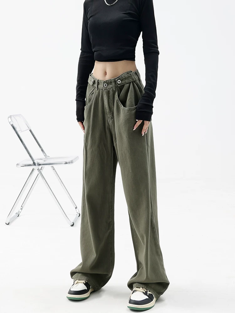 KEN STUDIO Quần jean ống đứng lưng cao màu xanh lá cây mùa xuân và mùa thu dành cho nữ, quần ống rộng lưng cao và lưng thấp có thể điều chỉnh.