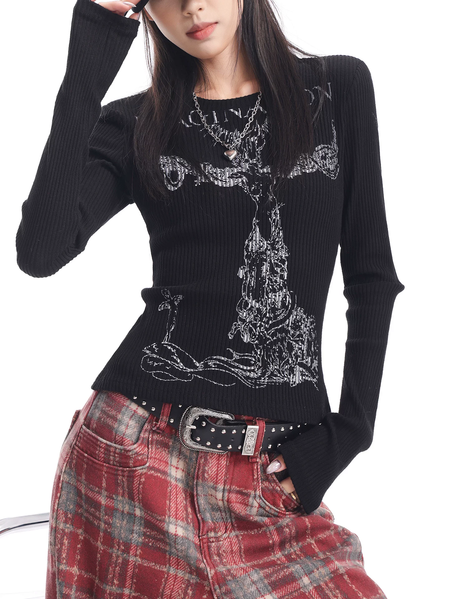 KEN STUDIO Áo dệt kim dài tay in họa tiết màu đen mới thu đông dành cho nữ, dáng ôm, áo sơ mi trễ vai bên phải