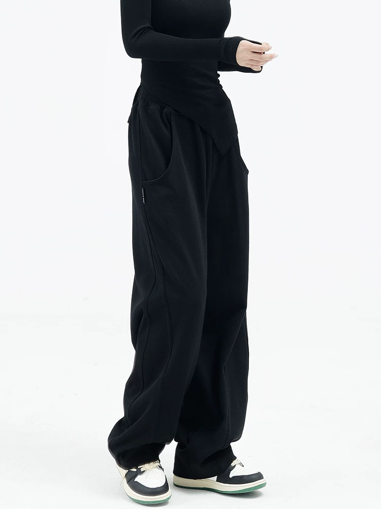 KEN STUDIO quần mùa thu đông dày dặn kiểu dáng lưỡi liềm quần đen dáng suông quần thể thao nữ quần chuối quần thể thao quần dài