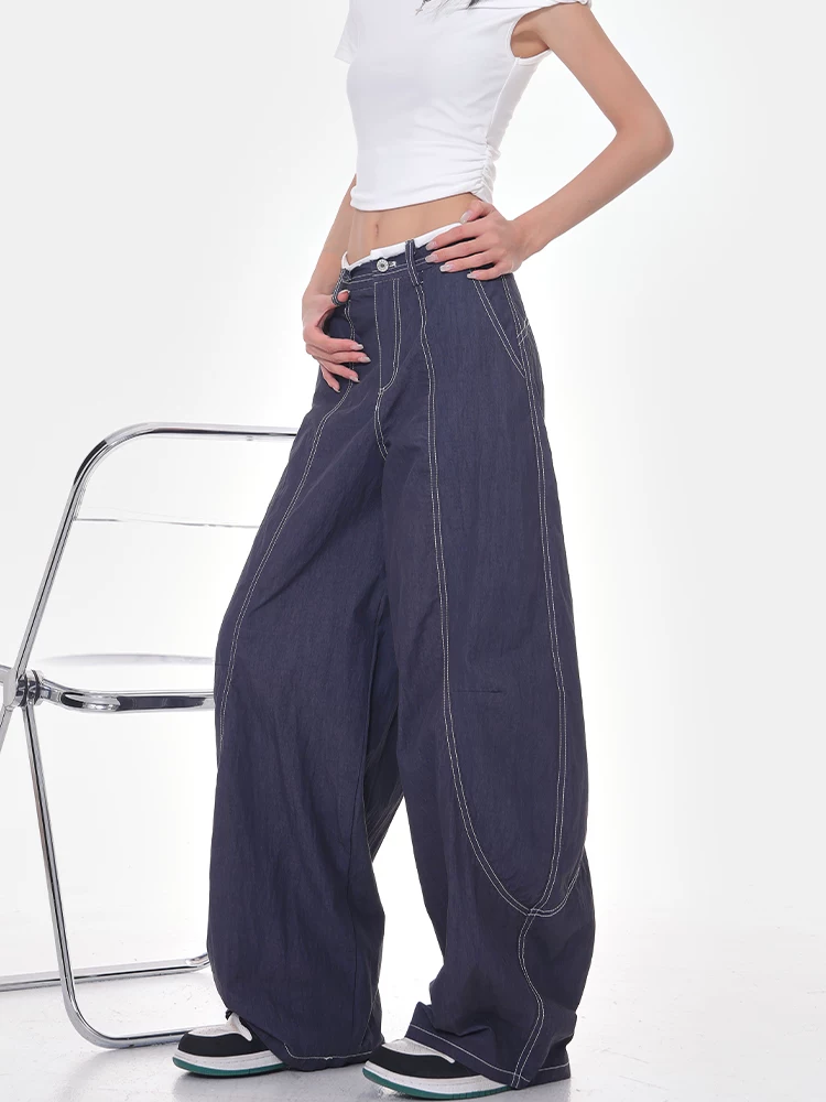 KEN STUDIO phong cách mới mùa hè quần kiểu dáng thanh lịch kiểu Mỹ dành cho nữ quần lưng cao dáng rộng quần ống rộng kiểu chuối