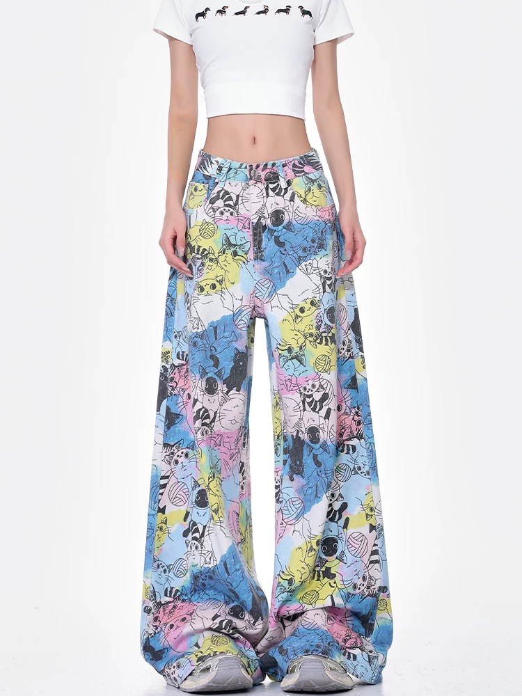KEN STUDIO mùa hè mới thiết kế quần jean graffiti đường phố dành cho nữ, dáng rộng, quần ống rộng dài đến sàn hợp thời trang