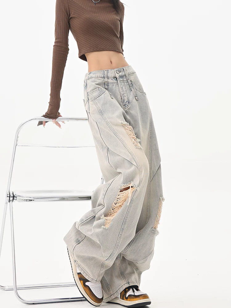 KEN STUDIO Quần jean rách kiểu cổ điển của Mỹ dành cho nữ, quần ống rộng lưng cao kiểu mùa hè mới.