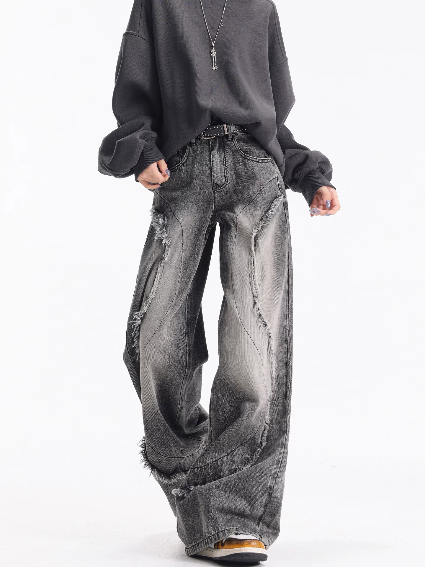 KEN STUDIO Quần jean viền tua rua phong cách retro mới của Mỹ dành cho nữ, quần cạp cao, dáng rộng, quần ống rộng dài đến sàn