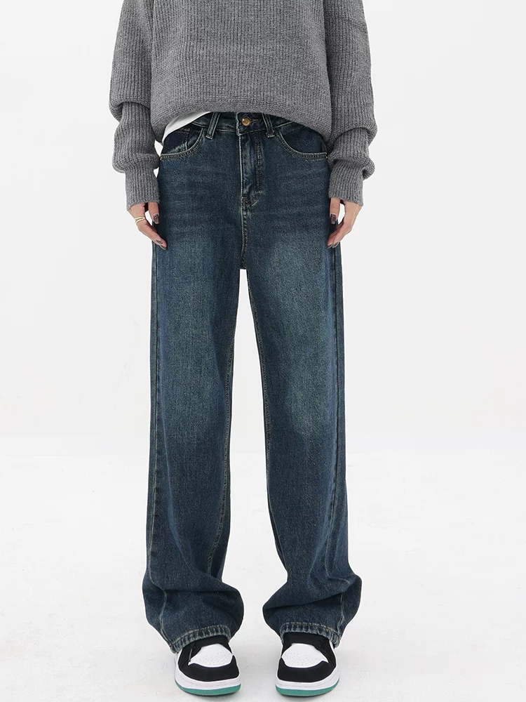 Quần jean cổ điển lót lông cừu mùa thu đông của KEN STUDIO dành cho nữ, quần ống đứng cạp cao kiểu cổ điển có màu chuyển sắc.