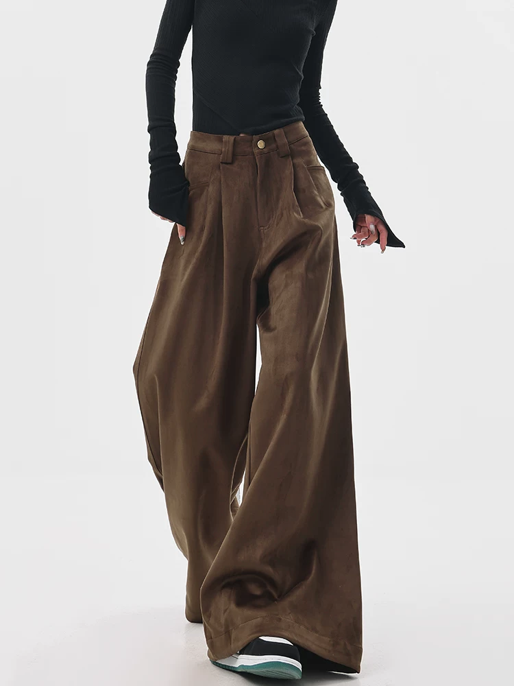 KEN STUDIO Melard Trang phục Thu Đông Da lộn dày màu cà phê Quần âu nữ dài đến sàn Quần ống rộng