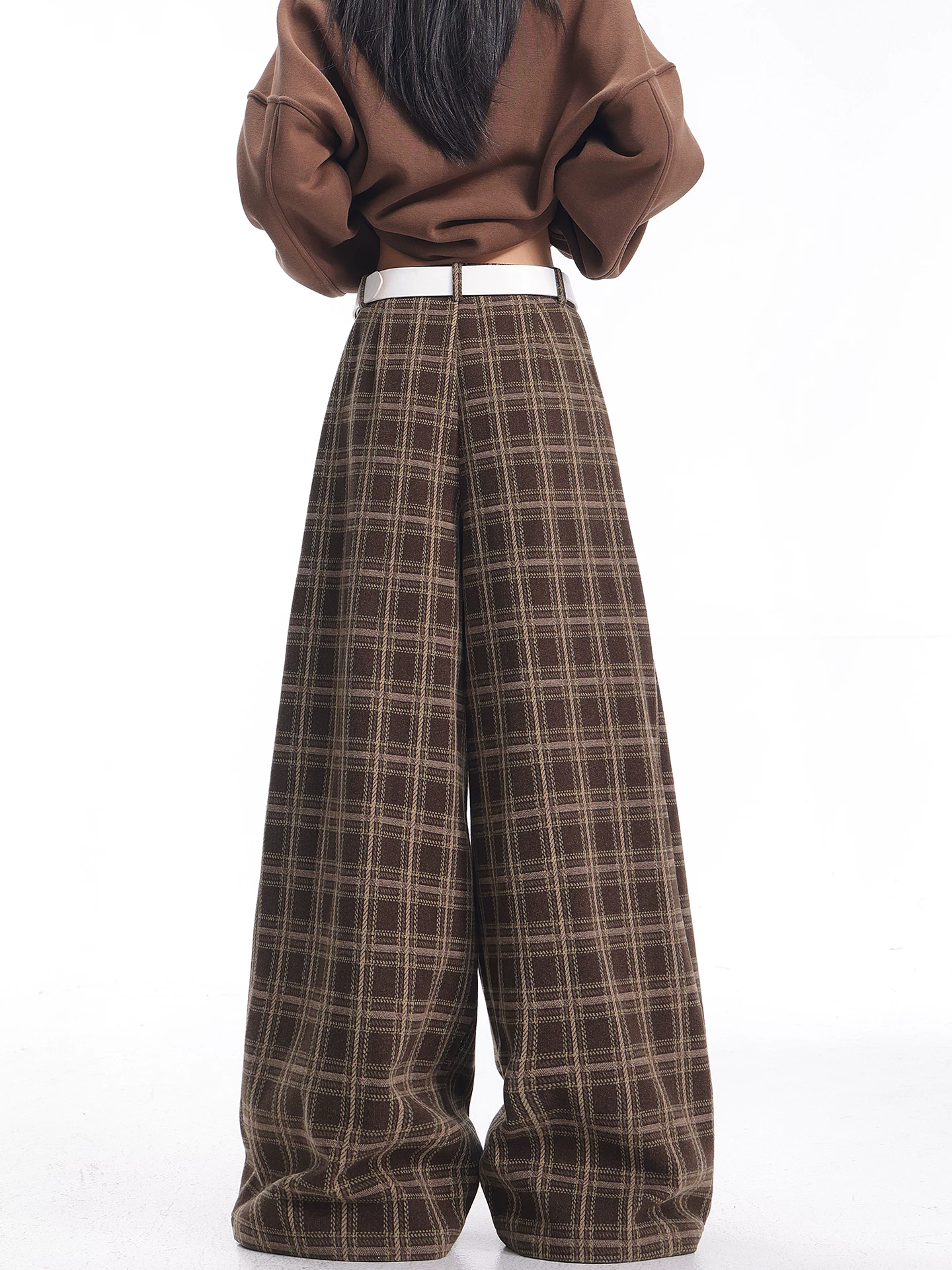 KEN STUDIO Quần thường ngày kẻ sọc dày màu cà phê mùa thu đông mới dành cho nữ, quần ống rộng dài đến sàn dáng rộng giúp giảm béo