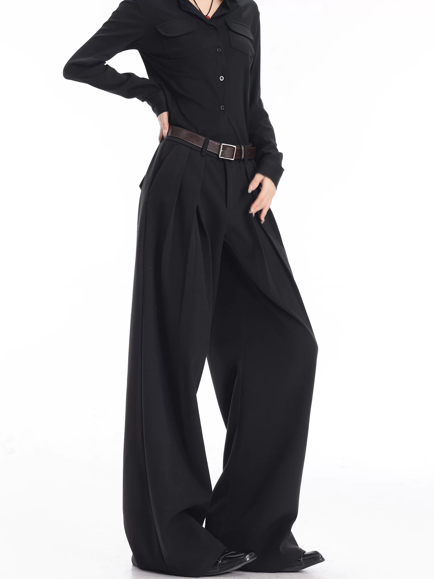 KEN STUDIO Quần tây ống rộng màu đen thu đông mới dành cho nữ, thiết kế cao cấp, dáng suôn, dáng rộng, dáng suôn, quần dài đến sàn