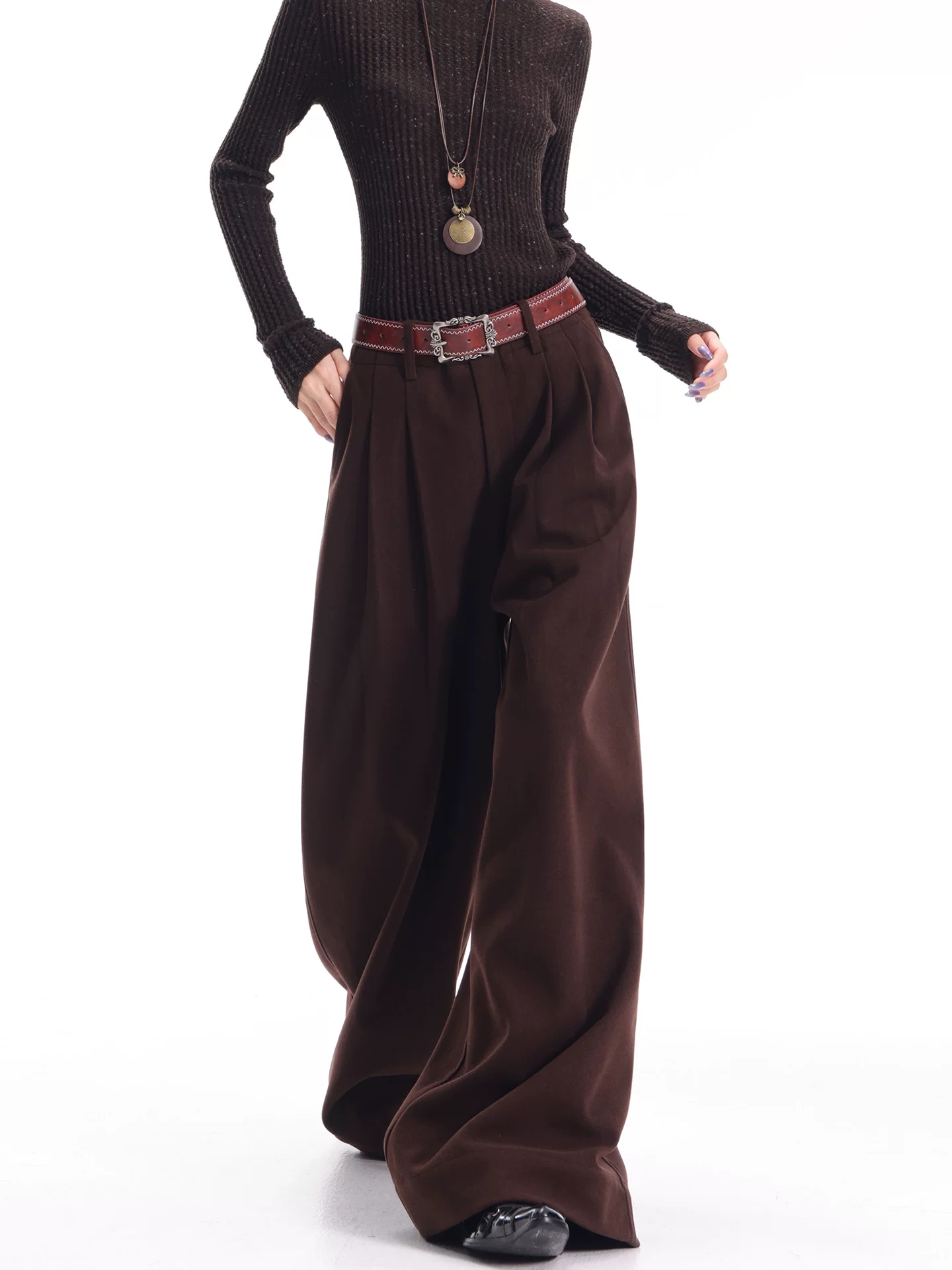 KEN STUDIO Quần tây xếp ly len dày màu cà phê mới thu đông dành cho nữ, quần ống rộng dáng rộng lưng cao