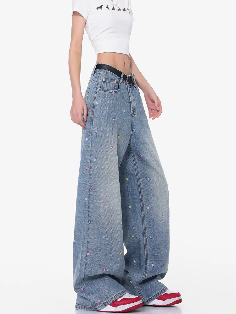 KEN STUDIO mùa hè mới quần jean thêu hoa nhiều màu sắc dành cho nữ quần ống rộng dáng rộng phong cách retro đã giặt