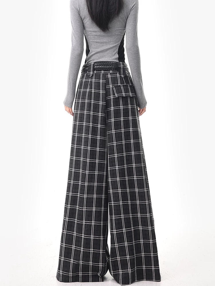 KEN STUDIO Quần kẻ sọc đen mùa hè và mùa thu mới dành cho nữ, quần ống rộng thẳng kiểu dáng lười biếng, quần vest.