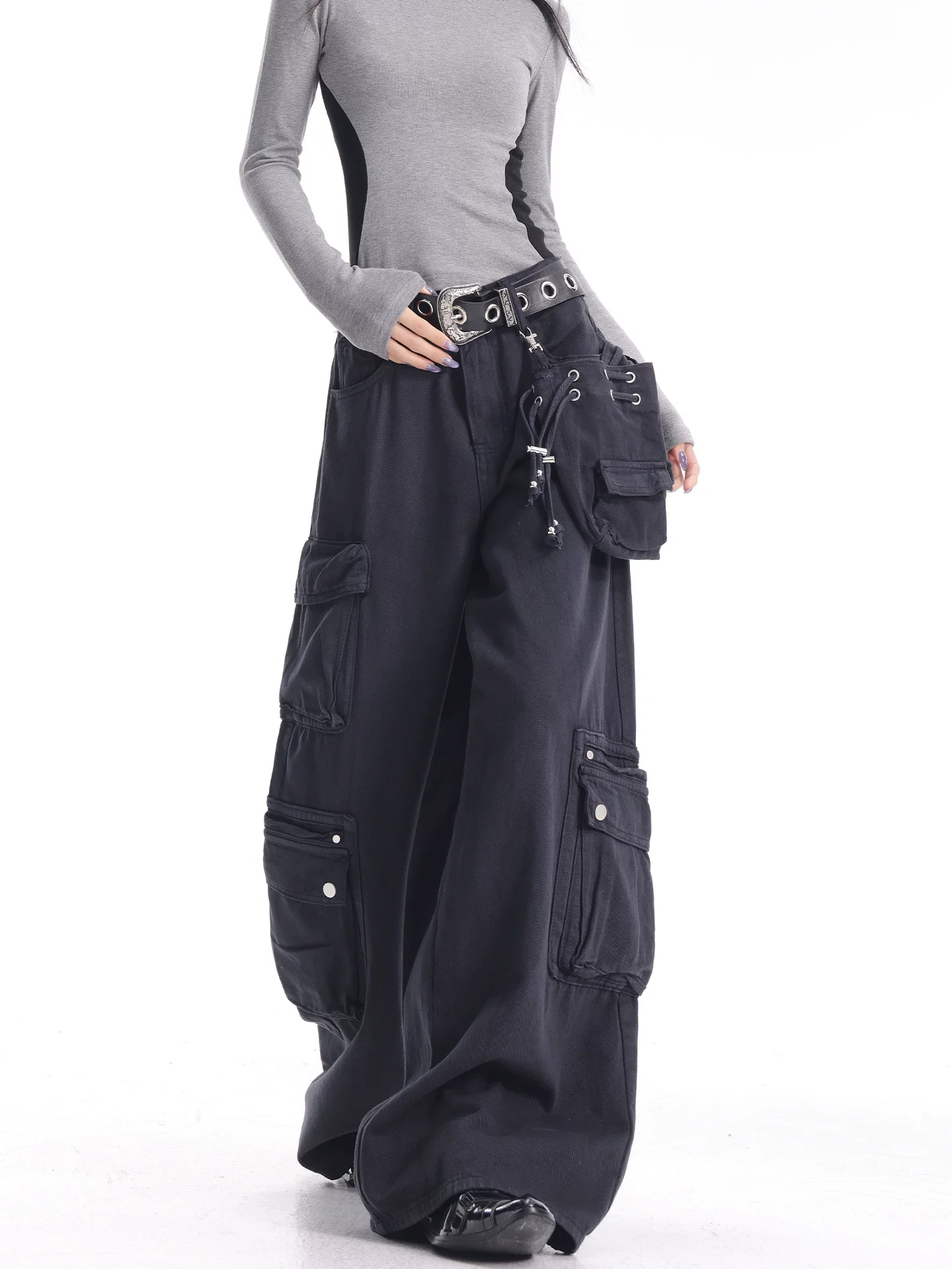 KEN STUDIO Xuân Thu Quần Cargo Đường Phố Cao Cấp Màu Xanh Hải Quân Mới Quần Cargo Nữ Nhiều Túi Quần Ống Rộng Quần Ống Rộng