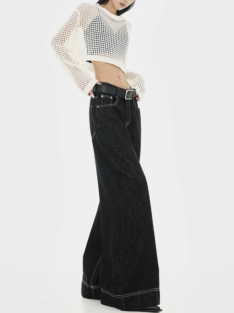KEN STUDIO Xuân Thu Mới Phong Cách Retro Mỹ Thiết Kế Đường May Đen Quần Jean Ống Thẳng Quần Ống Rộng Cao Cho Nữ