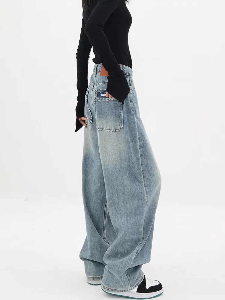 Quần jean ống rộng KEN STUDIO dành cho nữ, mùa xuân thu, quần ống rộng lưng cao, đa năng, tôn dáng, quần dài thường ngày.