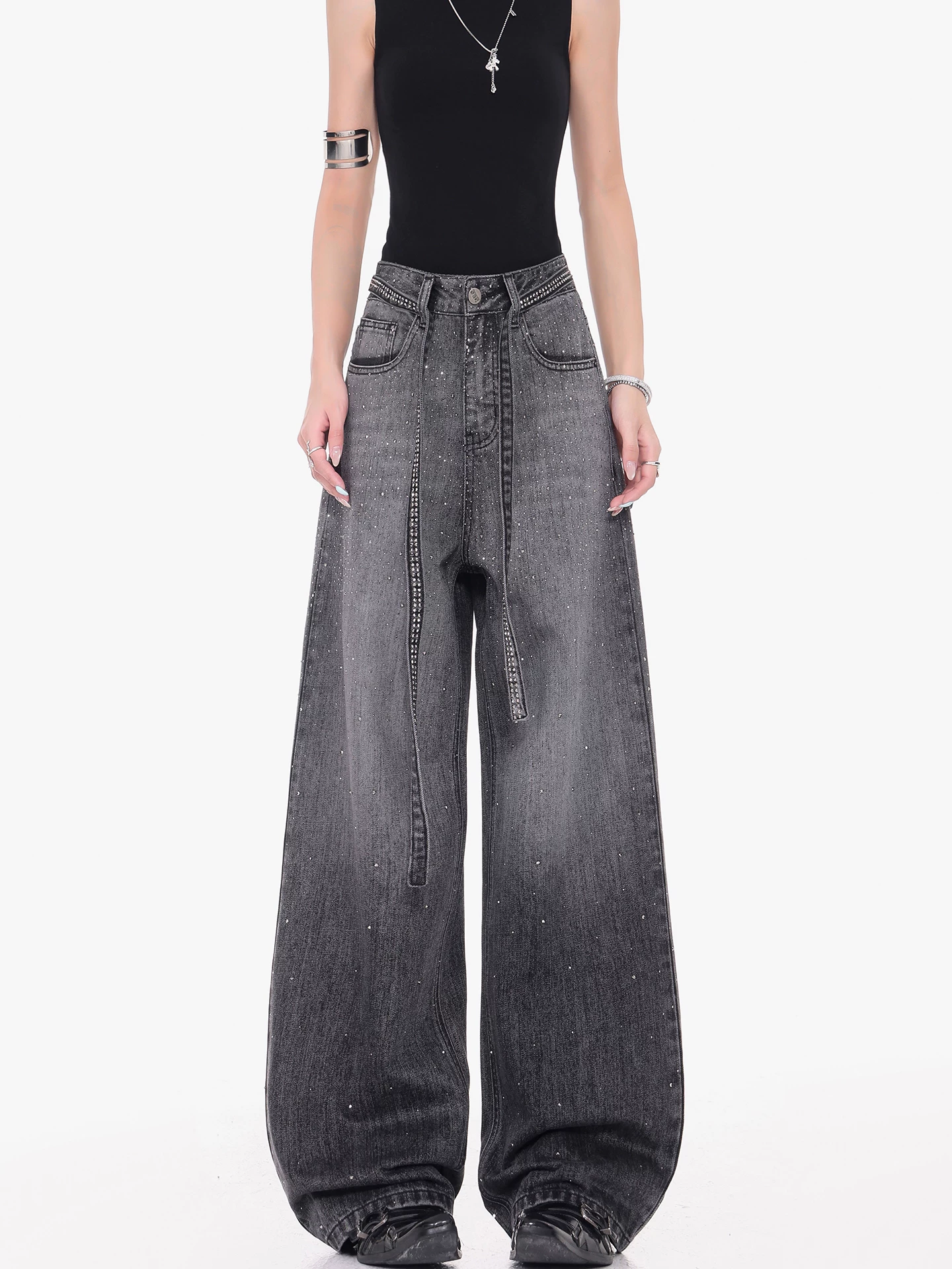 KEN STUDIO Quần jean đính đá đen phong cách đường phố cao cấp của Mỹ dành cho nữ, quần dài dáng rộng dáng rộng mới mùa hè giúp giảm béo