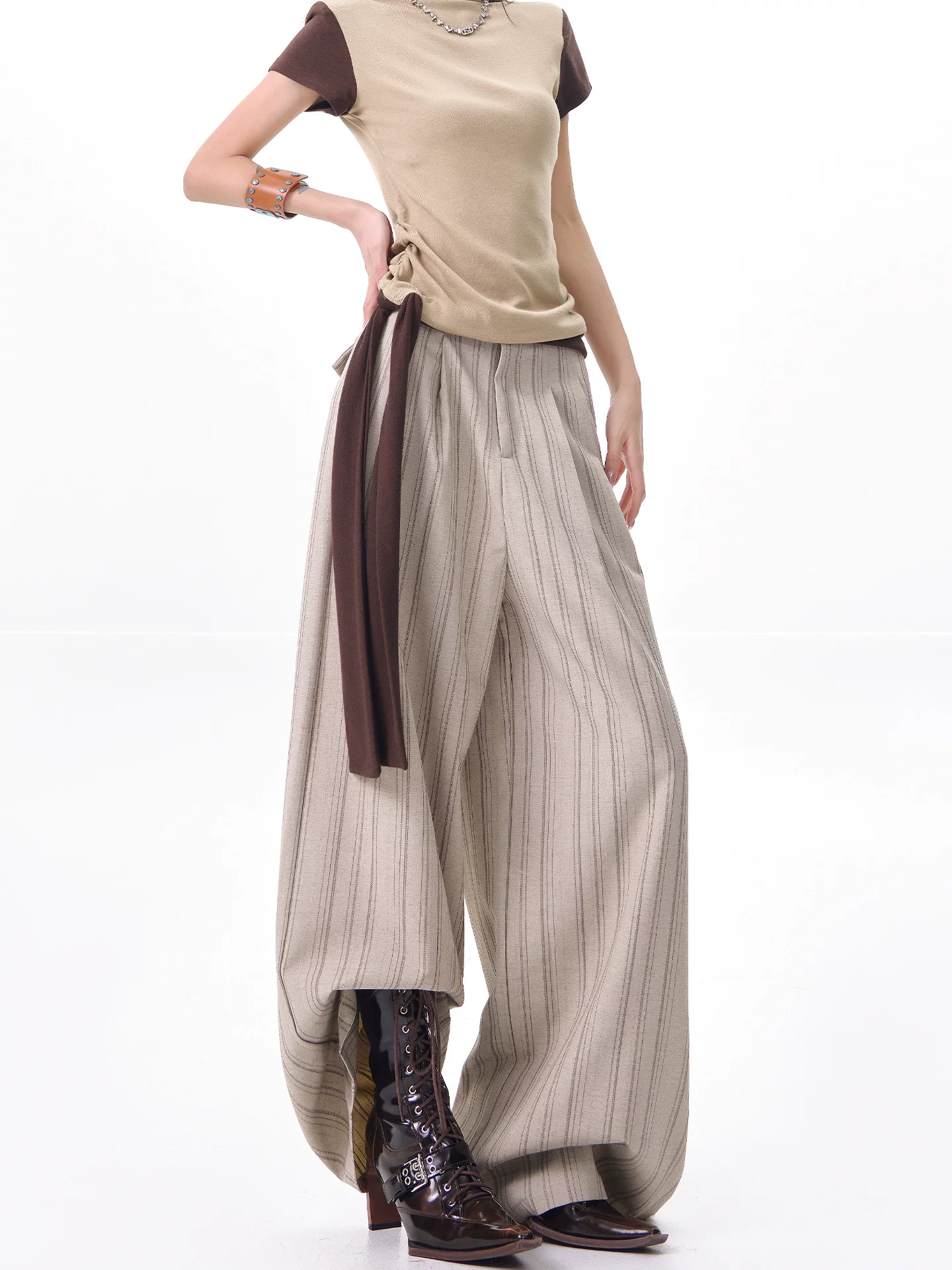 KEN STUDIO Xuân Thu Màu Mới Quần Sọc Phù Hợp Với Nữ Cao Cấp Rời Drap Giảm Béo Quần Ống Rộng