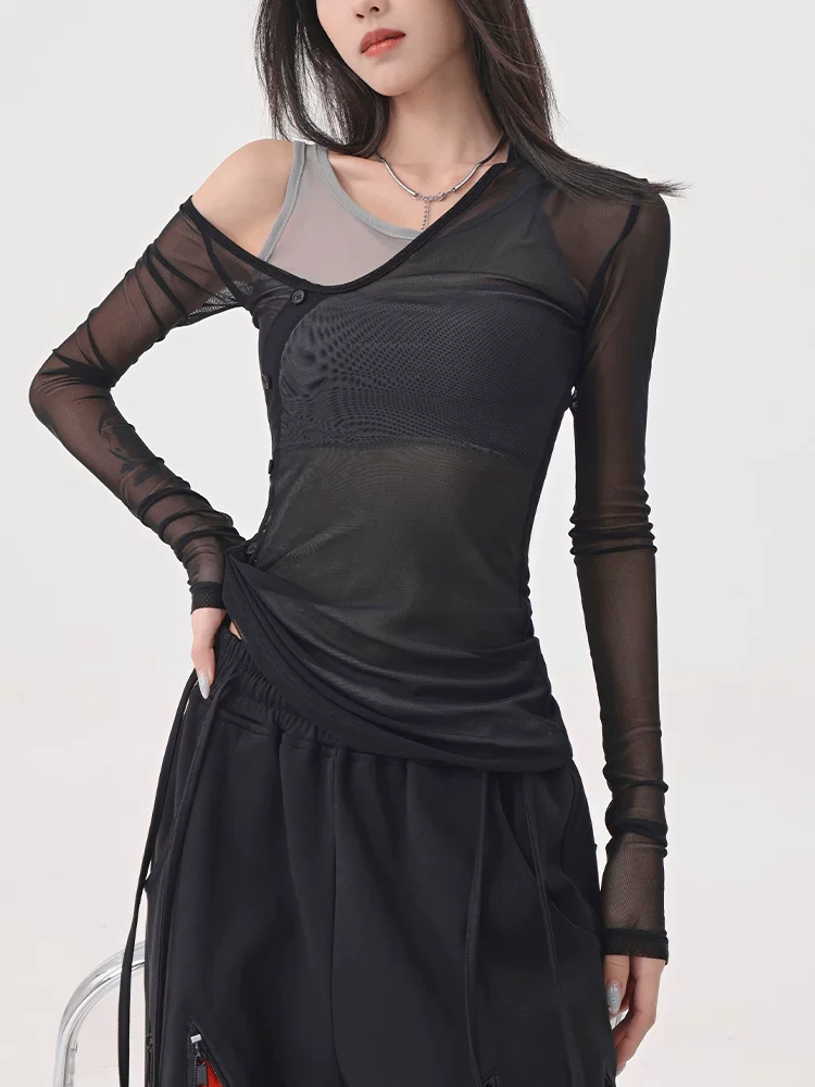 Áo thun dài tay dạng lưới giả hai mảnh màu đen của KEN STUDIO, áo che nắng vừa vặn vừa vặn