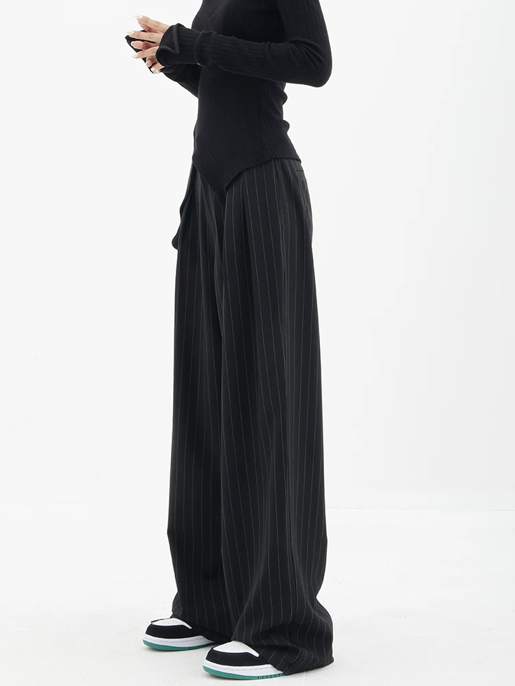 Quần vest sọc KEN STUDIO dành cho nữ, quần vest dáng thẳng lưng cao mùa xuân thu có thiết kế thời trang, quần ống rộng