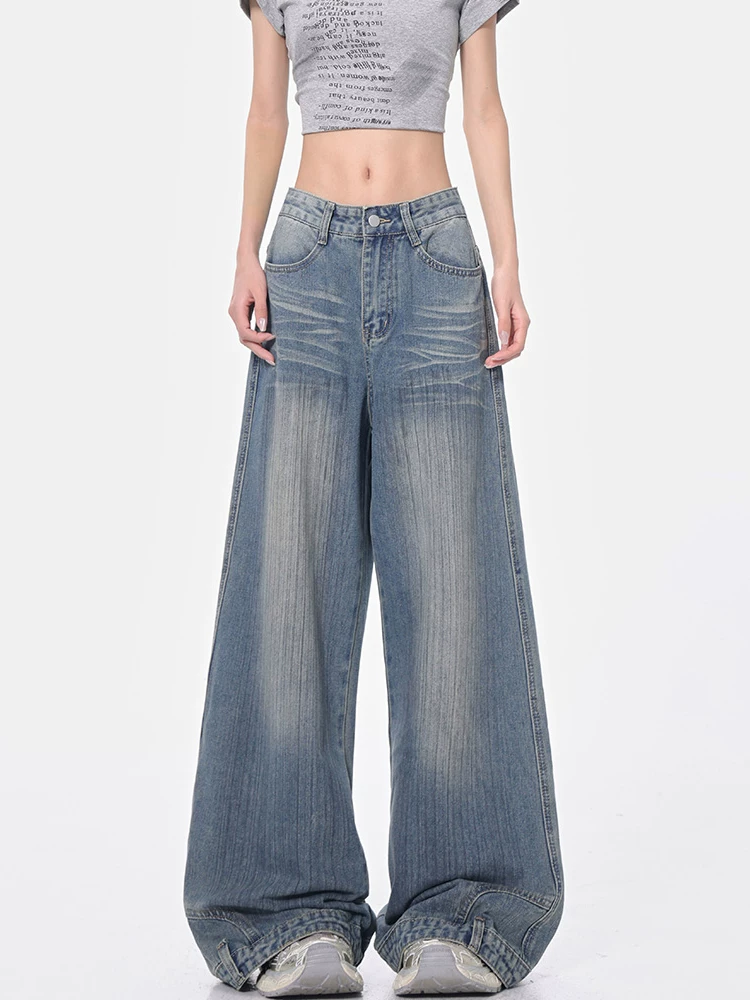 KEN STUDIO Xuân Thu Quần jean ống rộng kiểu Mỹ cổ điển mới dành cho nữ Quần dài ống rộng lưng cao dáng rộng