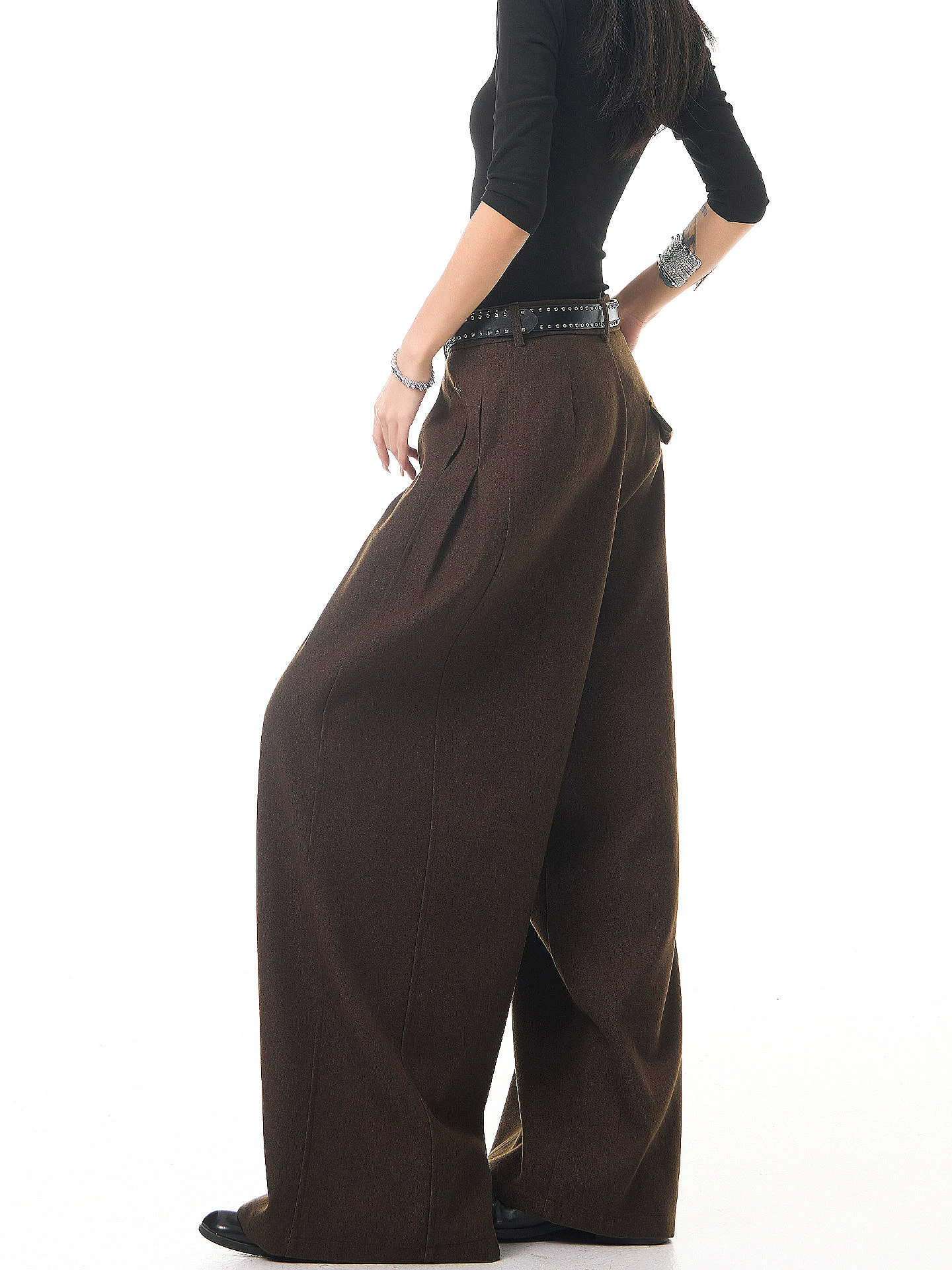 KEN STUDIO quần âu dày màu cà phê cổ điển mới mùa thu đông dành cho nữ, quần cạp cao, tôn dáng, quần ống rộng dài chạm sàn