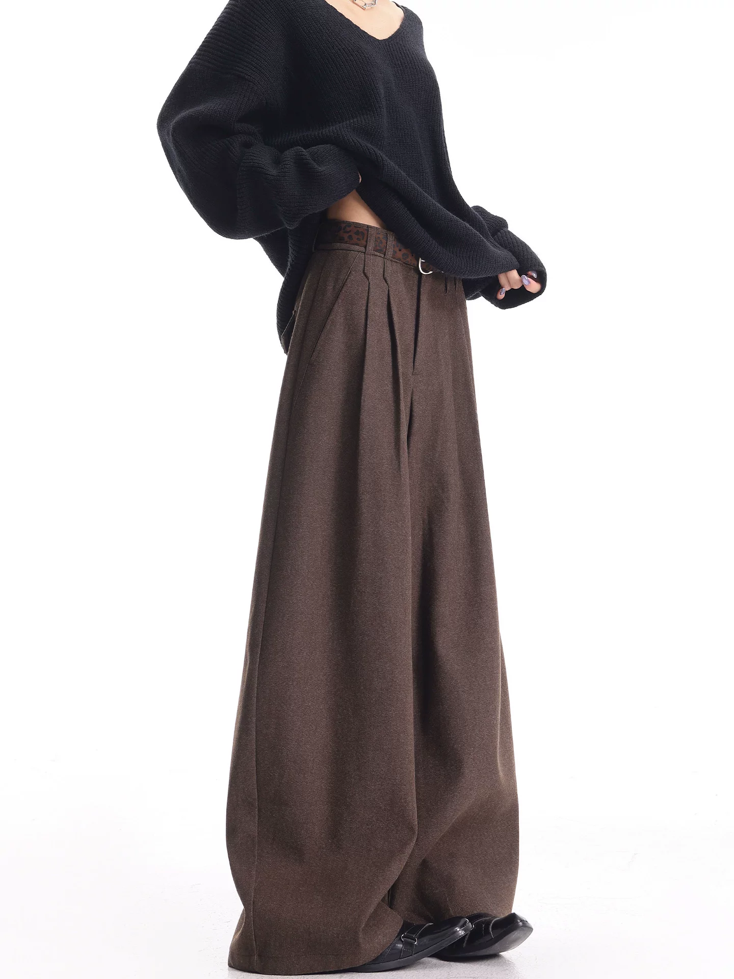 KEN STUDIO mùa thu đông mới phong cách cổ điển quần âu màu cà phê dành cho nữ, quần ống rộng đa năng phong cách retro