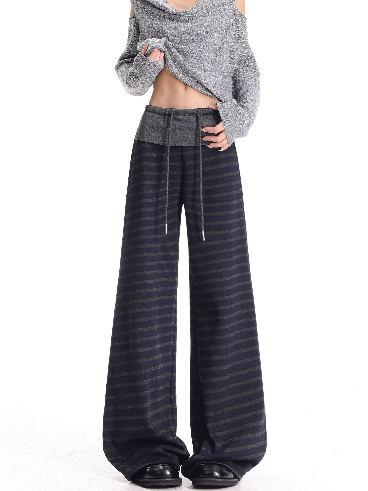 KEN STUDIO quần dài sọc giản dị phong cách thu đông mới có lót lông cừu, quần ống rộng đa năng, dáng dài, ống rộng, dài đến sàn