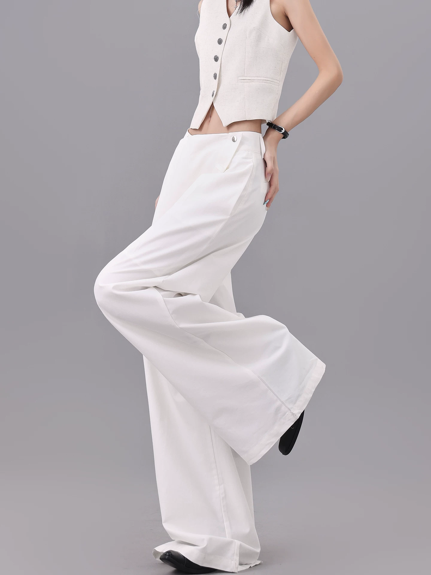 KEN STUDIO Quần dài hai mảnh giả trắng mùa hè mới, dáng rộng, tôn dáng, mềm mại, quần dài đến sàn, kiểu dáng giản dị