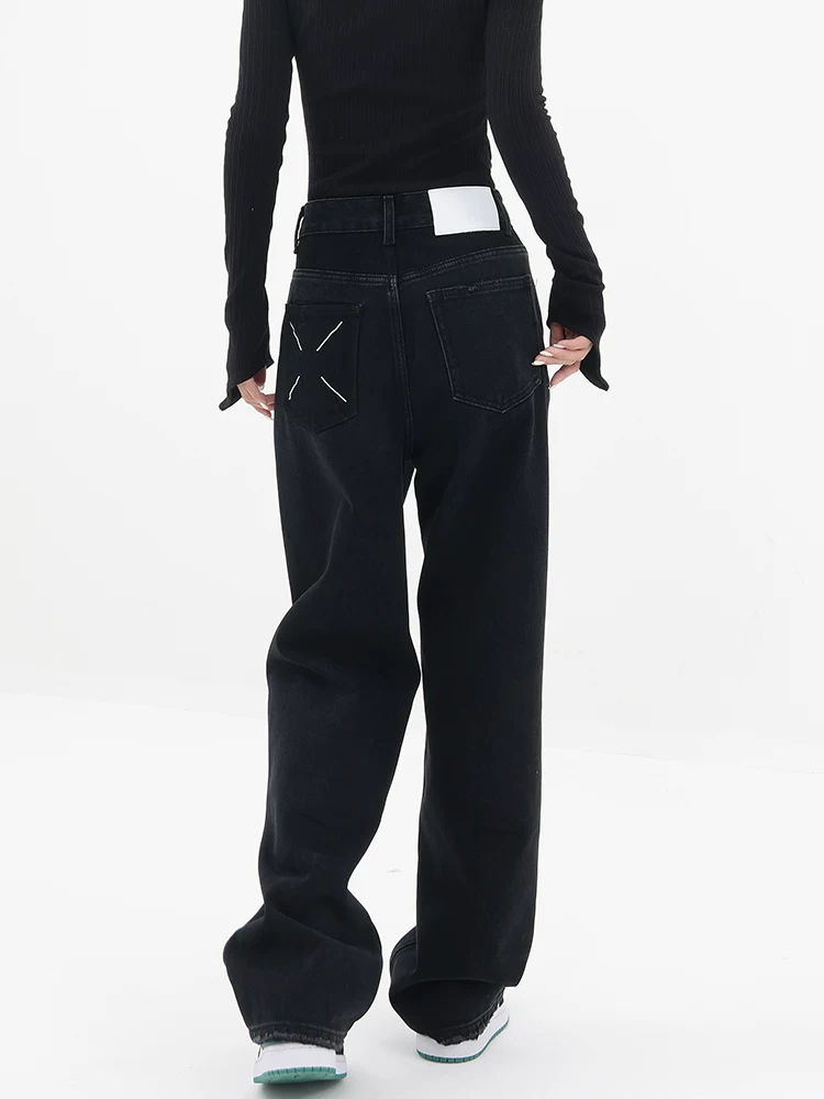 KEN STUDIO Quần jean ống rộng màu đen lót lông cừu mùa thu đông dành cho nữ, quần ống đứng cạp cao, quần dài, quần thường ngày.