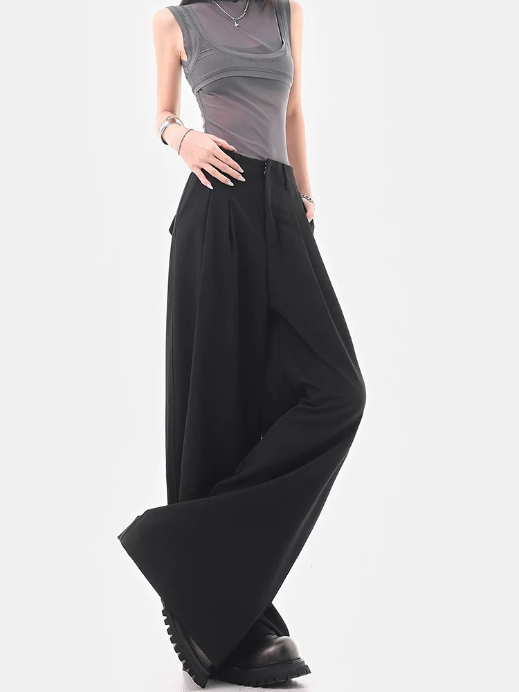 KEN STUDIO Quần âu ống rộng đa năng mùa hè mới dành cho nữ, quần dài xếp ly dáng rộng, quần dài dáng rộng, quần âu